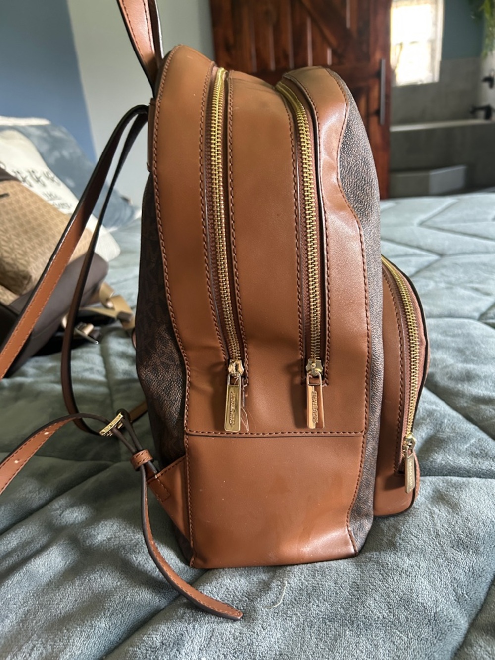 Michael Kors Brown Logo & Tan Trim Women's Backpack - Picture 4 of 8